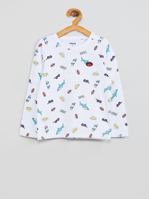max Boys White & Blue Printed Round Neck T-shirt