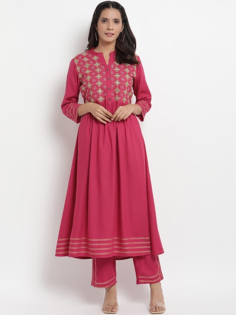 Prakhya Women Pink Floral Embroidered Kurta with Trousers