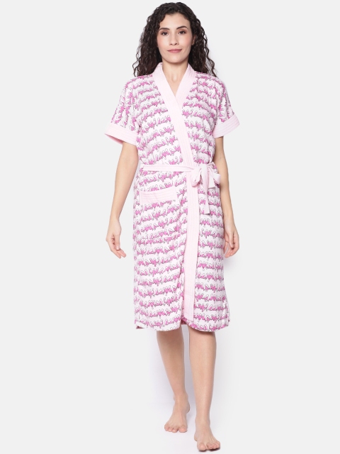 Red Rose Women Off-White & Pink Bird Printed Bath Robe