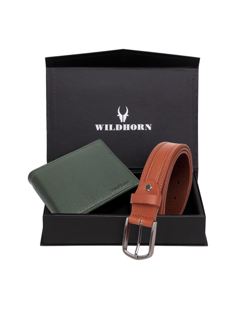 WildHorn Men Green & Brown Textured RFID Protected Genuine Leather Accessory Gift Set