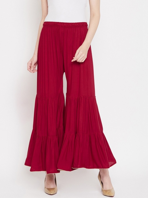 Castle Women Maroon Solid Tiered Flared Palazzos