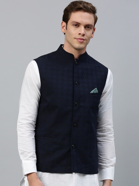 RARE RABBIT Men Navy Blue Solid Pure Cotton Nehru Jacket
