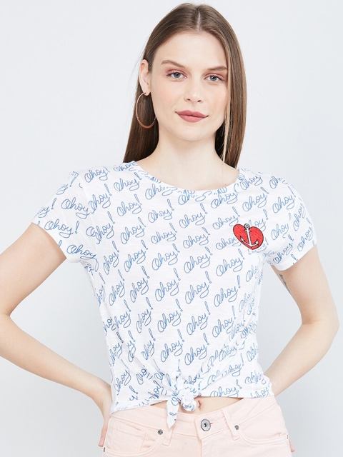 max Women White & Blue Printed Top