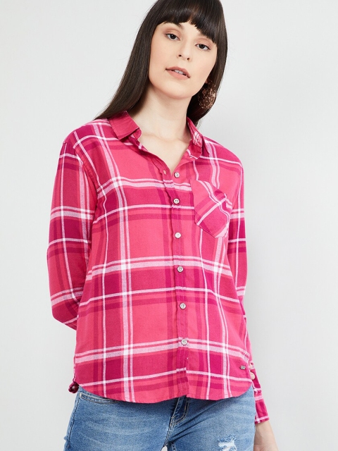 max Women Pink & White Regular Fit Checked Casual Shirt