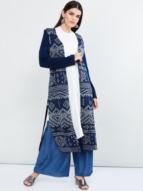max Women Blue Printed Open Front Shrug
