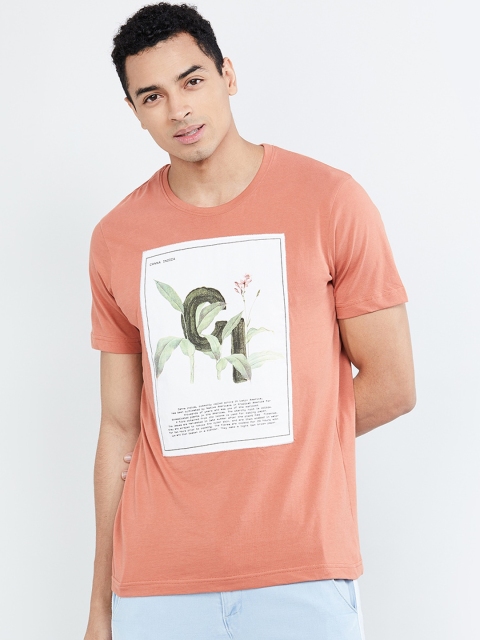 max Men Orange Printed Round Neck T-shirt