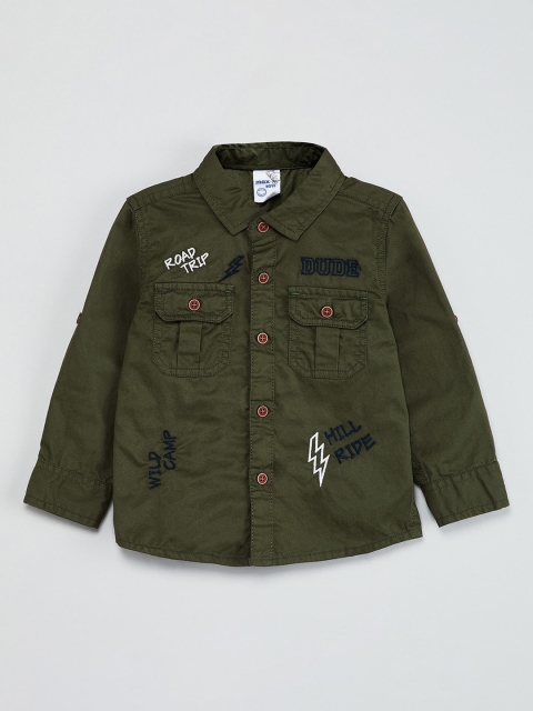 max Boys Olive Green Regular Fit Printed Casual Shirt