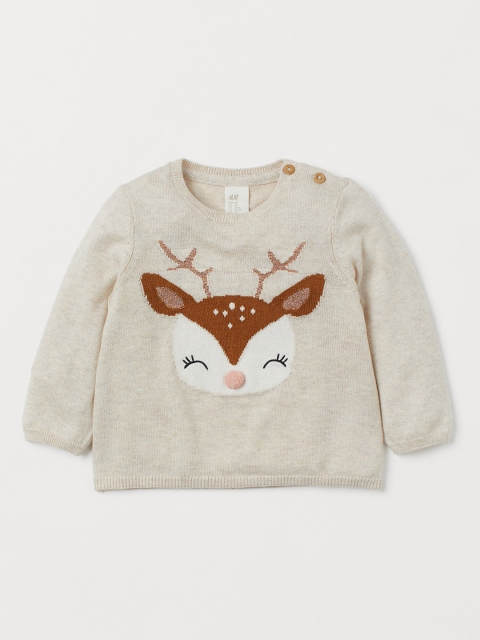 H&M Girls Beige & Brown Deer Knitted Jumper