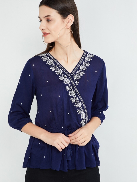 max Women Blue Embroidered Top