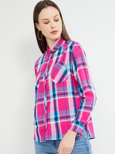 max Women Magenta & Blue Regular Fit Checked Casual Shirt