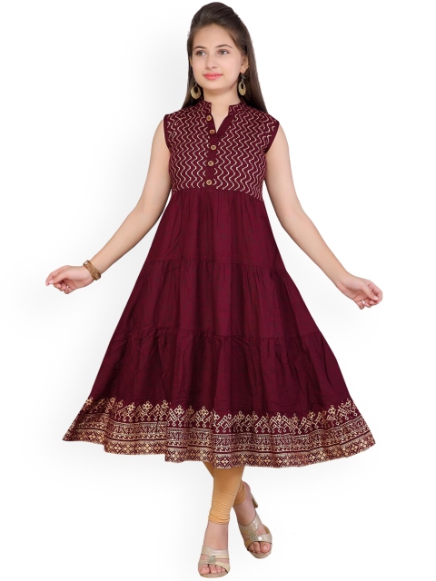 Aarika Girls Maroon & Gold Printed Anarkali Kurta