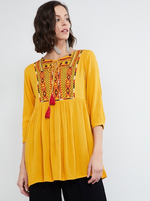 max Yellow Embroidered Tassel Tie-up Tunic