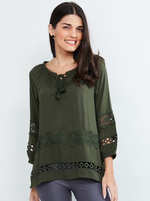 max Women Olive Green Self Design A-Line Top