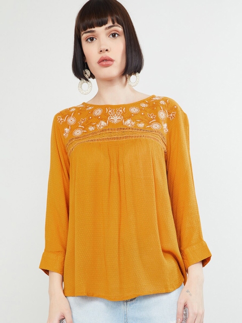 max Women Mustard Yellow Embroidered A-Line Top