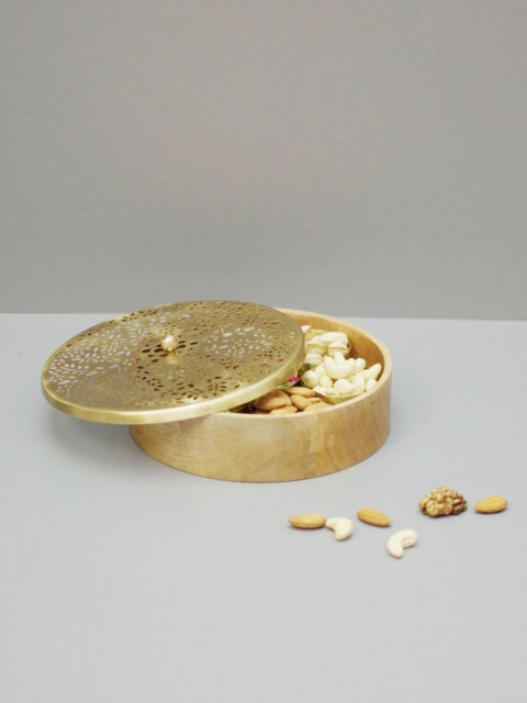 Wooden Round Spice Masala Box Powder Container Set with Iron Gold lid