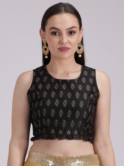 studio rasa Women Black & Gold-Coloured Hand-Block Printed Saree Blouse