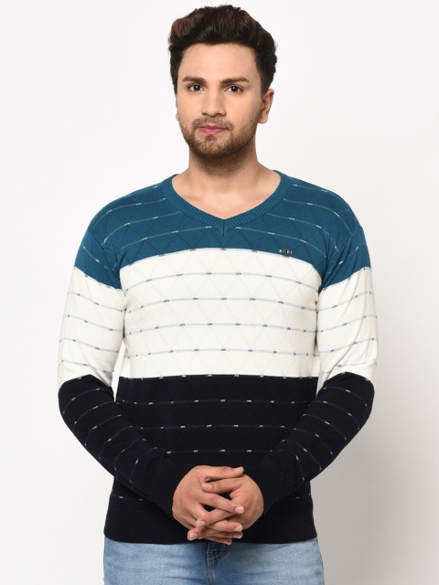 98 Degree North Men Teal Blue & White Colourblocked Pullover Sweater