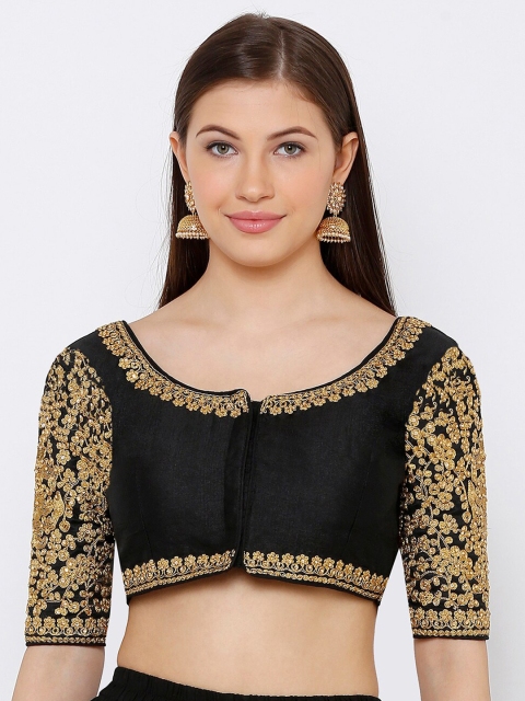 SALWAR STUDIO Women Black Embroidered Silk Blend Padded Saree Blouse