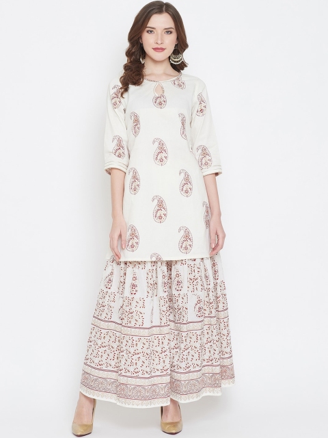 Castle Women Off-White & Maroon Printed Kurti with Skirt