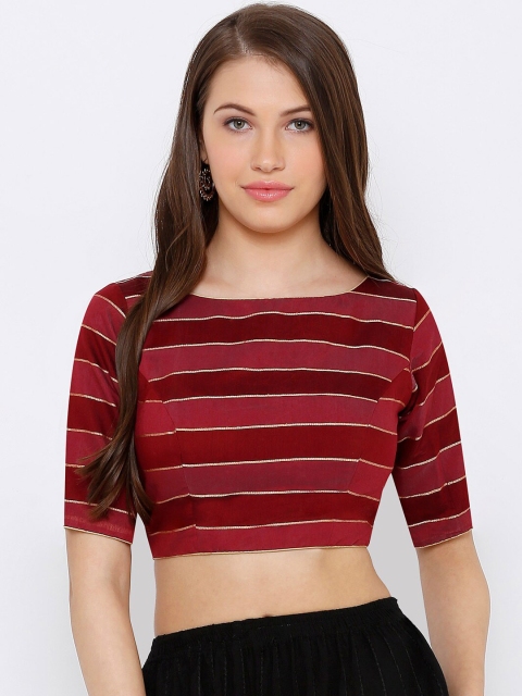 SALWAR STUDIO Women Maroon Striped Readymade Saree Blouse