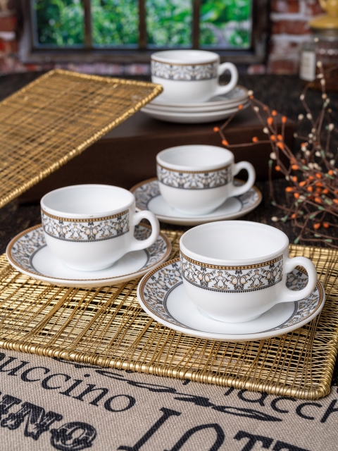 Laopala White & Grey 12 Pcs Printed Opalware Cups and Saucers Set