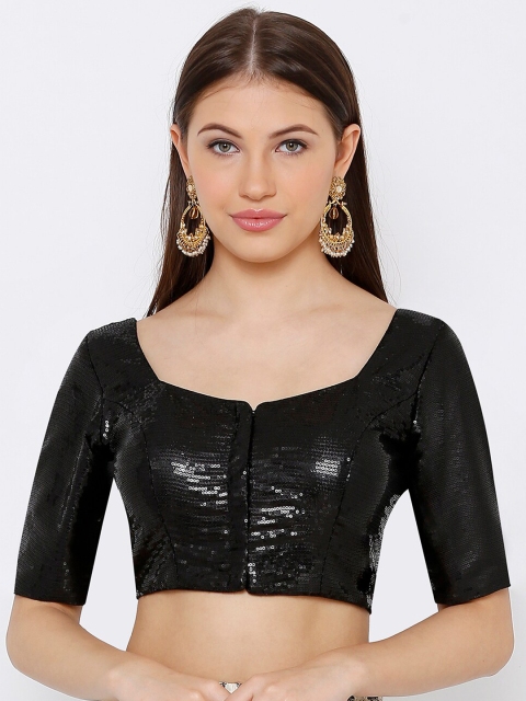 SALWAR STUDIO Women Black Woven Design Sequance Padded Saree Blouse