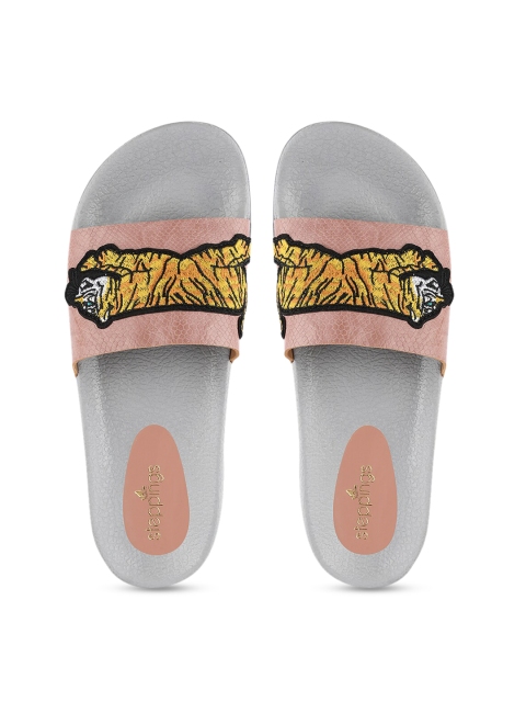 STEPpings Women Pink & Yellow Self Design Sliders