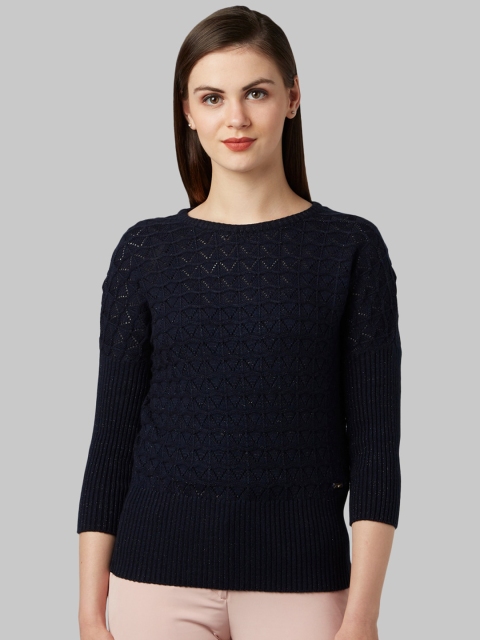 Park Avenue Woman Women Navy Blue Self Design Pullover Sweater