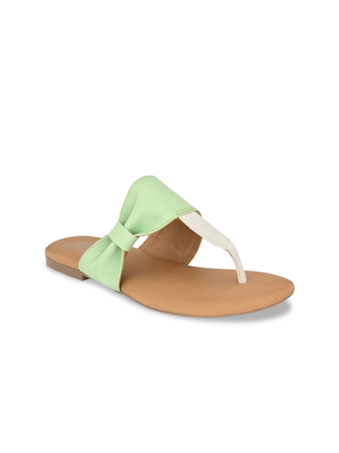 Zebba Women Green & White Colourblocked PU T-Strap Flats