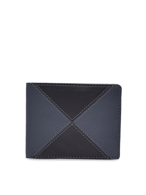 TRENDERS Men Grey & Blue Colourblocked Leather Two Fold Wallet