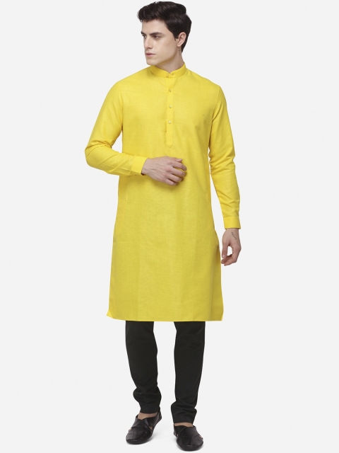 JADE BLUE Men Yellow Solid Straight Modi Kurta