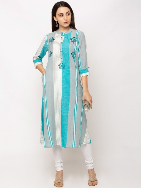 TANKHI Women Grey & Blue Striped A-Line Kurta