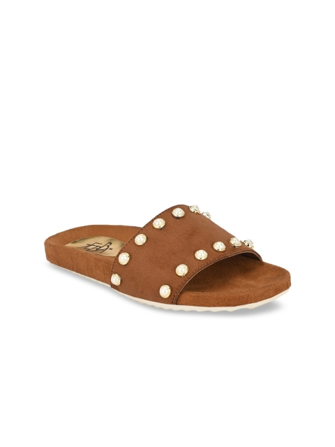 Zebba Women Tan Brown Solid Embellished Open Toe Flats