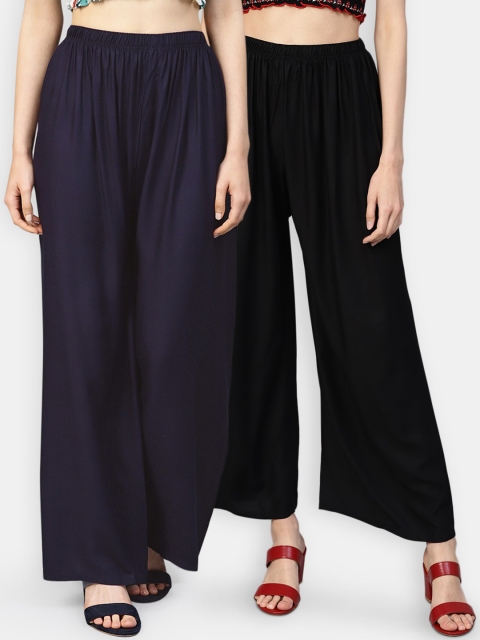 Jompers Women Black & Navy Blue Solid Wide Leg Palazzos