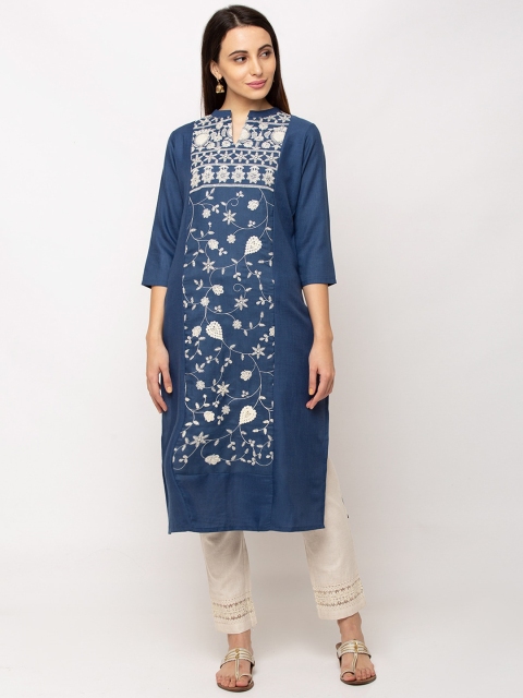 TANKHI Women Blue Printed Straight Kurta