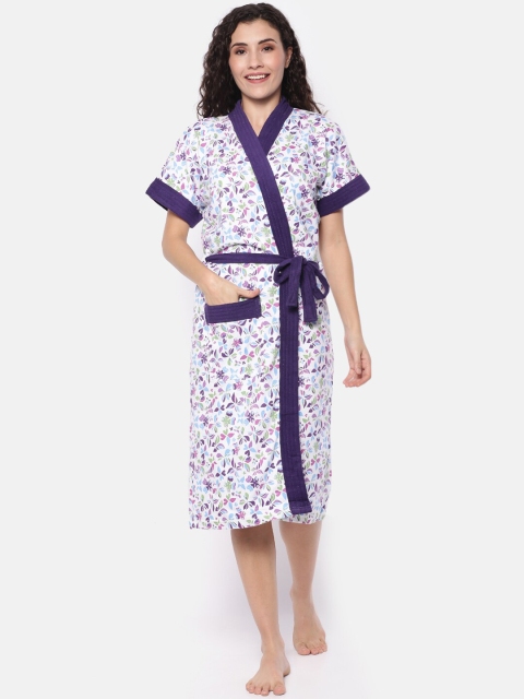 Red Rose Women White & Purple Floral Print Bath Robe