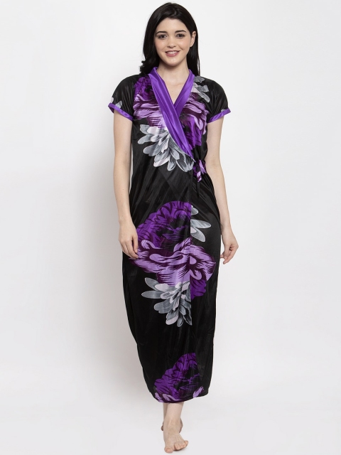 Secret Wish Women Black & Purple Floral Printed Robe