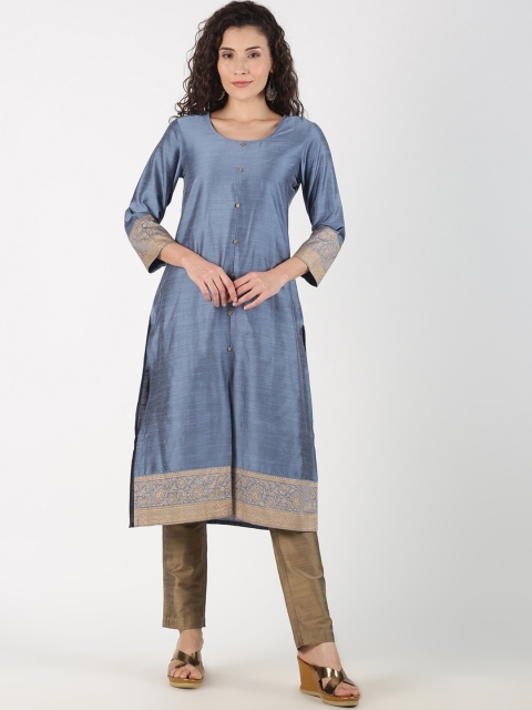 Saffron Threads Women Blue & Gold-Toned Solid Kurta with Trousers
