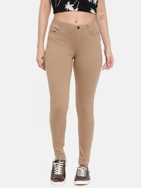 Bitz Women Khaki-Coloured Solid Skinny-Fit Jeggings