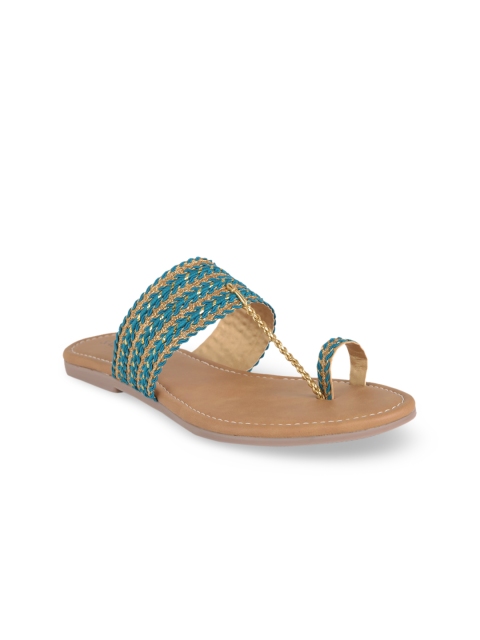 SALARIO Women Turquoise Blue Woven Design PU T-Strap Flats