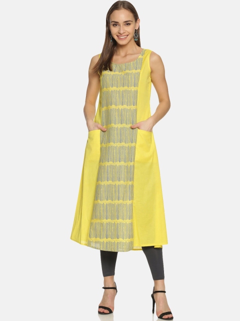 Saffron Threads Women Yellow & Grey Printed A-Line Kurta