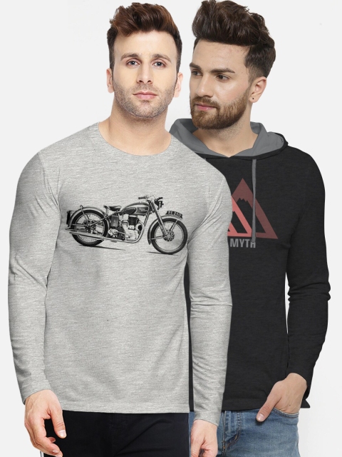 BULLMER Men Grey Melange & Black Pack of 2 Printed T-shirt