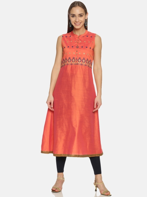 Saffron Threads Women Coral & Navy Blue Yoke Design A-Line Kurta