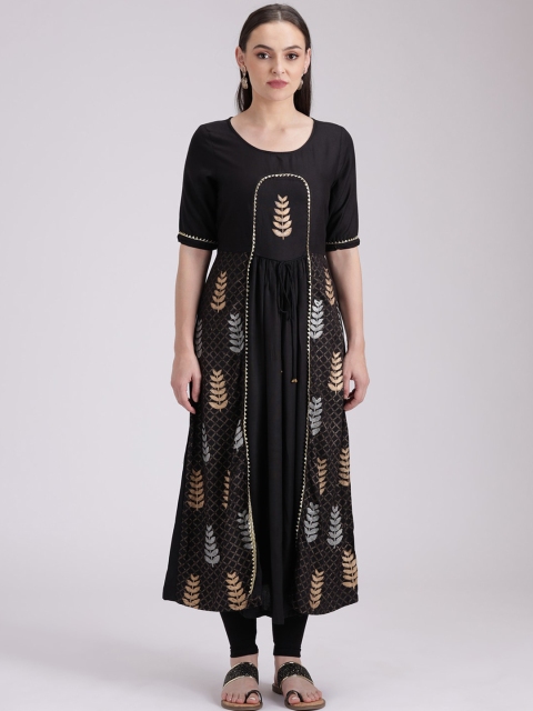 studio rasa Women Black & Gold-Toned Printed Anarkali Kurta