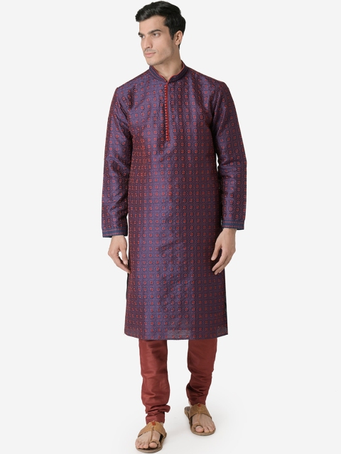 Sanwara Men Blue & Red Embroidered Straight Kurta