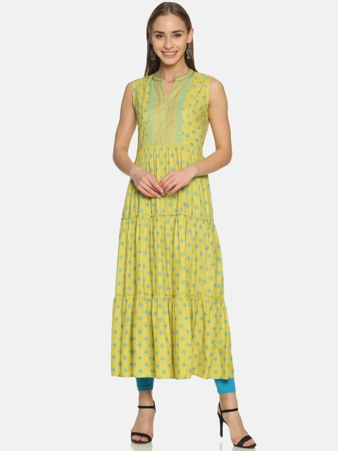 Saffron Threads Women Lime Green & Turquoise Blue Printed Anarkali Kurta