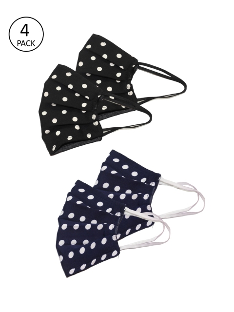 Bellofox Adults Pack Of 4 Polka Dot Printed 3-Ply Reusable Cloth Masks, Black