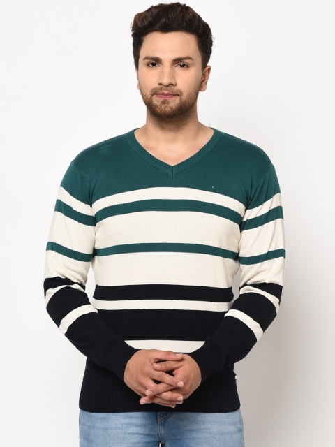 98 Degree North Men Green & White Striped Pullover Sweater