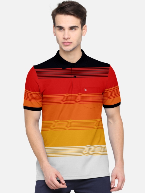 BULLMER Men Red Black Striped Polo Collar Pure Cotton T-shirt