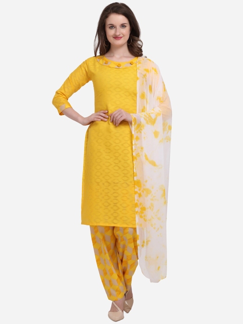 Kvsfab Yellow & White Cotton Blend Unstitched Dress Material